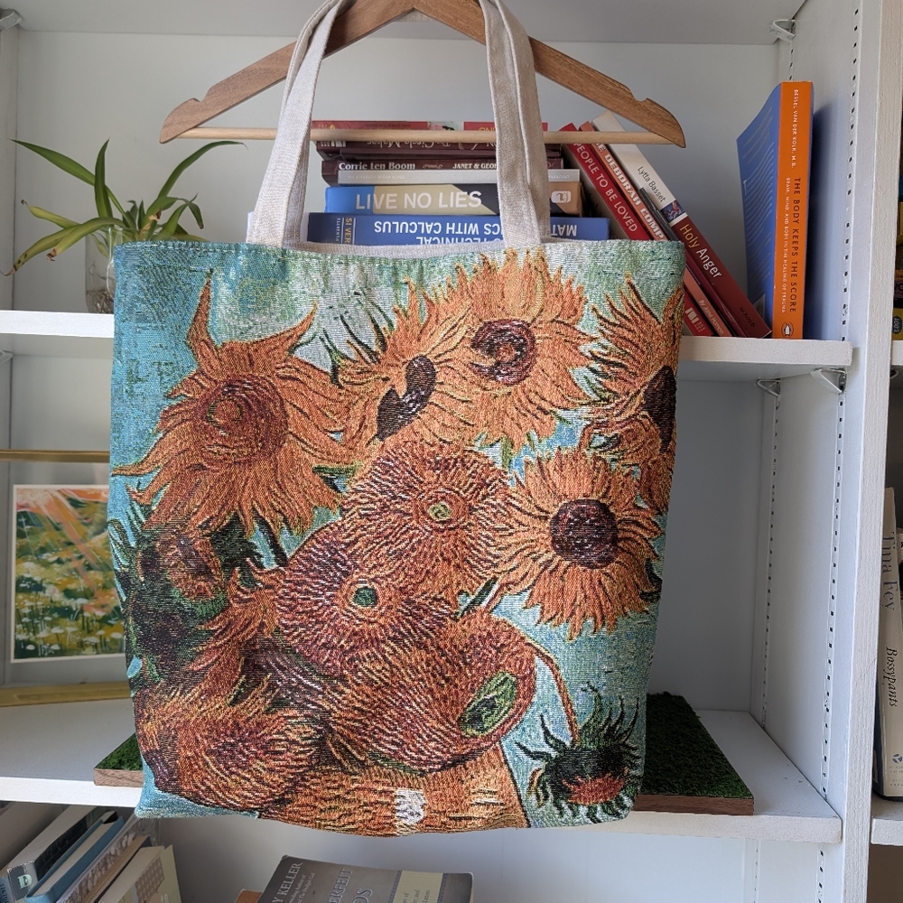 Sunflower print van Gogh tote bag zip up woven tapestry fabric 🌻